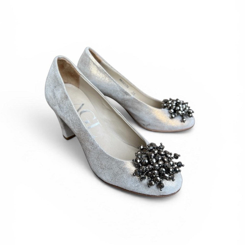 Agl Silver Heels with Crystal Embellishments Sz 35